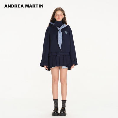 【戚砚笛同款】ANDREAMARTIN2026秋新款中长格子腰带连帽风衣外套