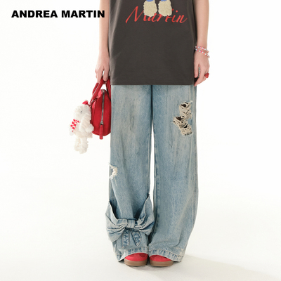 Andrea Martin2025春夏新款时尚牛仔裤女宽松破洞阔腿裤直筒长裤