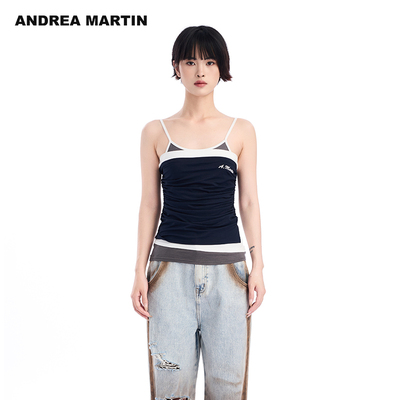 ANDREA MARTIN2025夏季新款吊带刺绣假三件背心拼接修身上衣