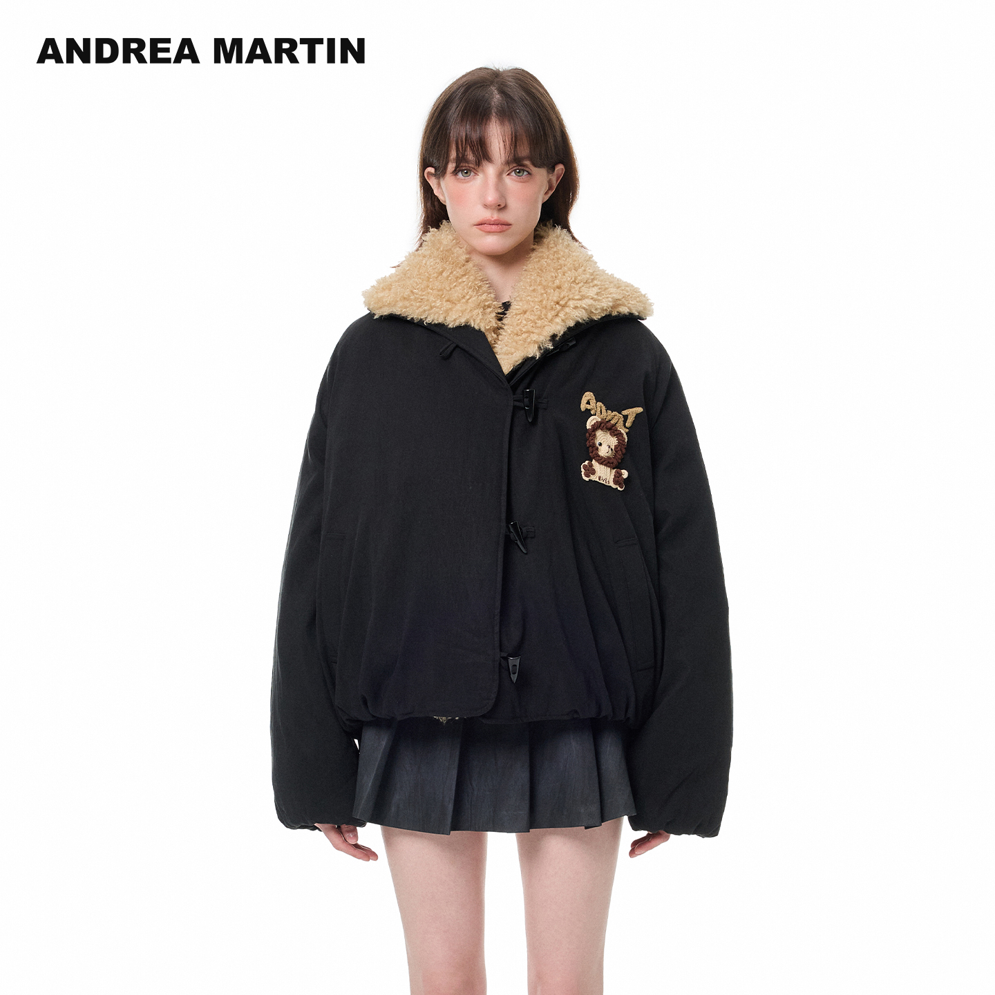 ANDREA MARTIN2025冬新款复古拆卸毛领小狮子钩织羽绒服女短外套