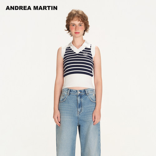 ANDREA MARTIN2026春季新款学院风女条纹无袖Polo翻领针织衫背心