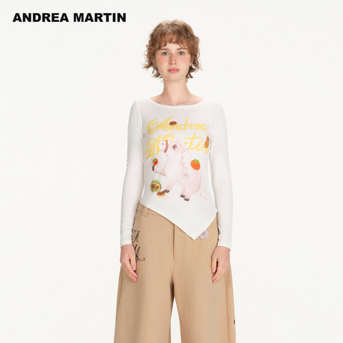 ANDREA MARTIN2026秋季新款趣味小马印花女短不规则修身长袖T恤