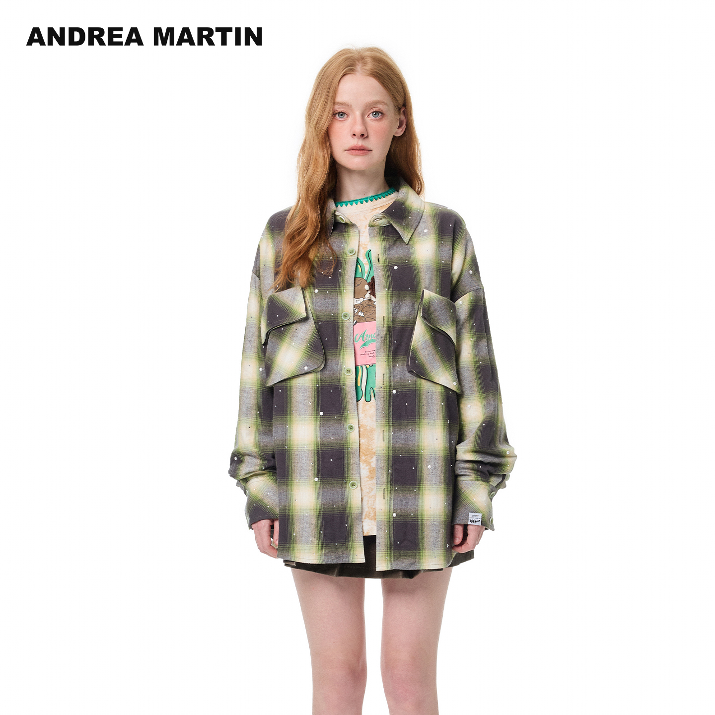 【周深 董璇同款】ANDREA MARTIN25秋冬新款复古烫钻格子宽松衬衫