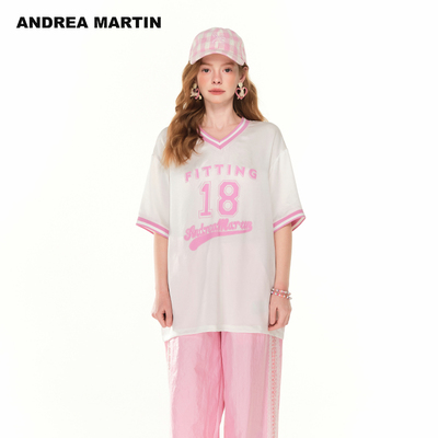 ANDREA MARTIN夏季新款短袖T恤女V领印花休闲宽松显瘦上衣