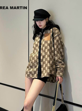 ANDREA MARTIN秋冬新款撞色肌理感格子可拆卸帽子休闲百搭衬衫