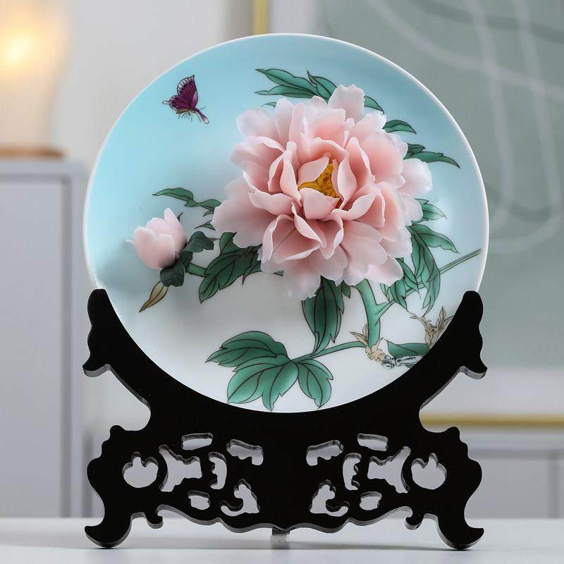 牡丹瓷盘摆件结婚乔迁开业送礼品家居客厅洛阳挂盘玄关陶瓷工艺品,家居饰品,桌面摆件,淘宝优惠券,粉丝福利购,淘宝优惠卷