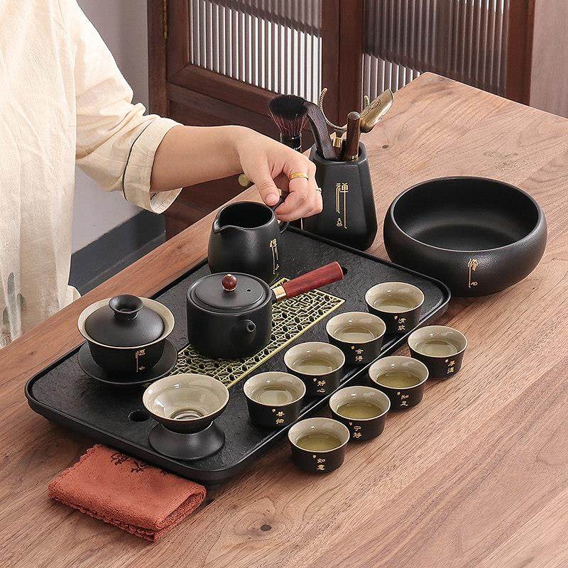 黑陶瓷功夫茶具套组家用办公室会客厅轻奢钢底人造石两用盘礼盒装,餐饮具,功夫茶具,淘宝优惠券,粉丝福利购,淘宝优惠卷