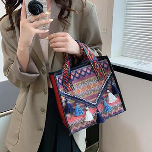 新款广西壮锦花纹壮族文创水波纹女提包 民族风流苏手提包休闲 包