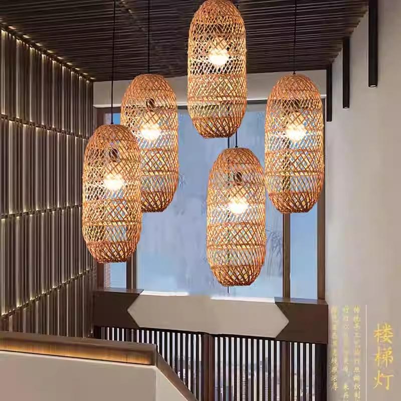 侘寂风藤编吊灯复古民宿餐厅火锅店设计师别墅挑空楼梯间组合灯具