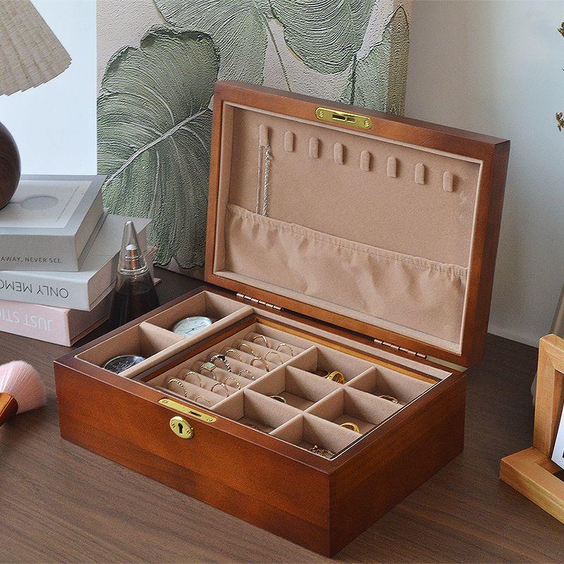 实木首饰收纳盒带锁耳钉项链珠宝盒手饰品多层木质精致展示盒