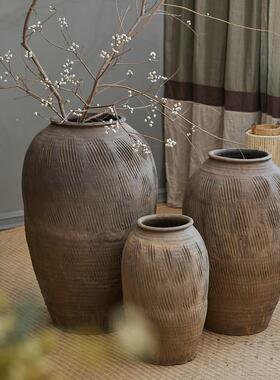 掬装涵仿古土陶罐厅落地大花插花做旧复TC40362古瓶粗陶侘寂风民