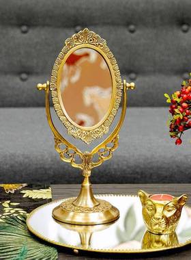 法式复古进工口黄铜手雕桌面镜化妆镜 古奢华家居花梳典妆CBK镜摆