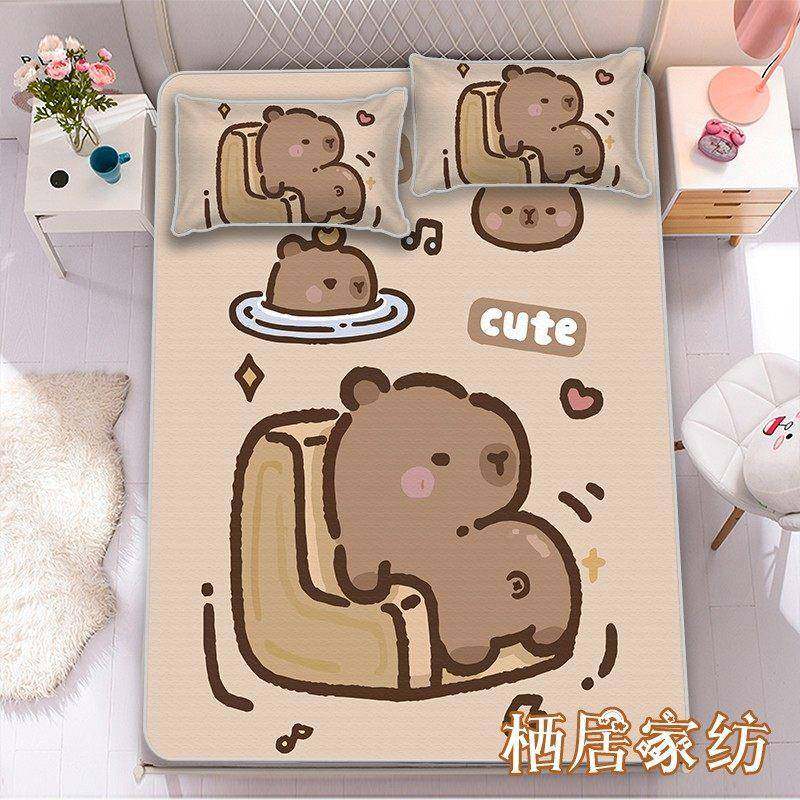 学卡凉皮巴拉水豚夏季冰丝RBI席三件套卧室儿童床单软生席子宿舍