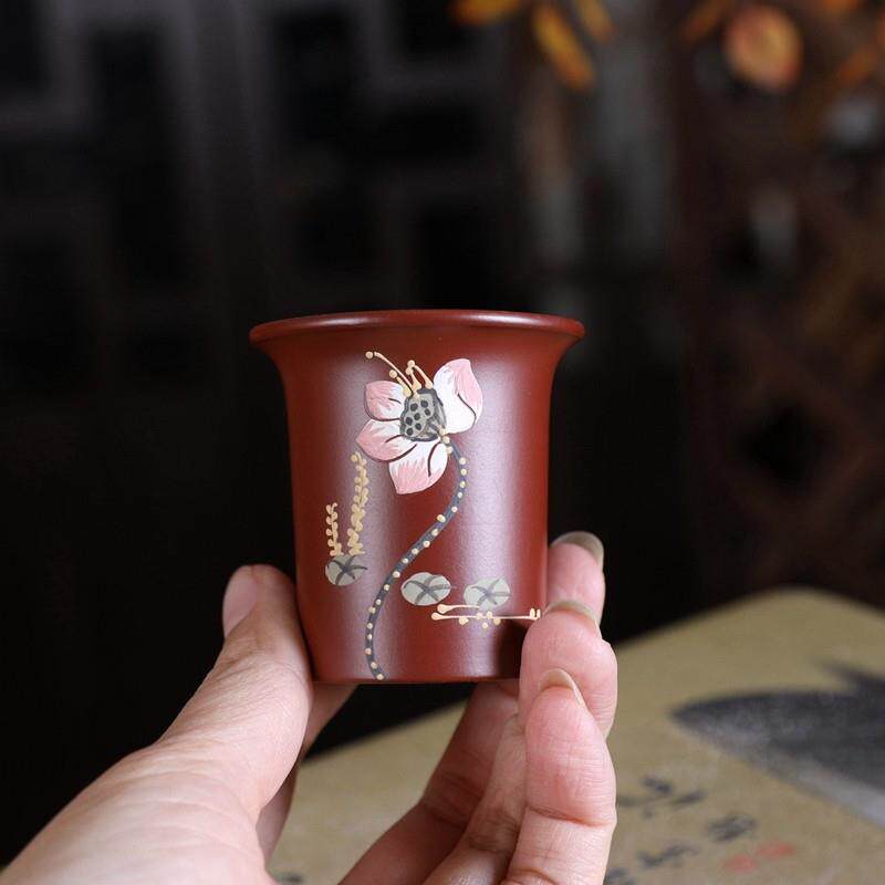 紫『手绘荷花迷你直小筒』选砂小花盆多精肉绿植盆 大TSV红袍