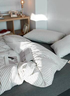 日系棉水洗细条纹四件套日韩民WUD宿四季全款人床风品清双新简约