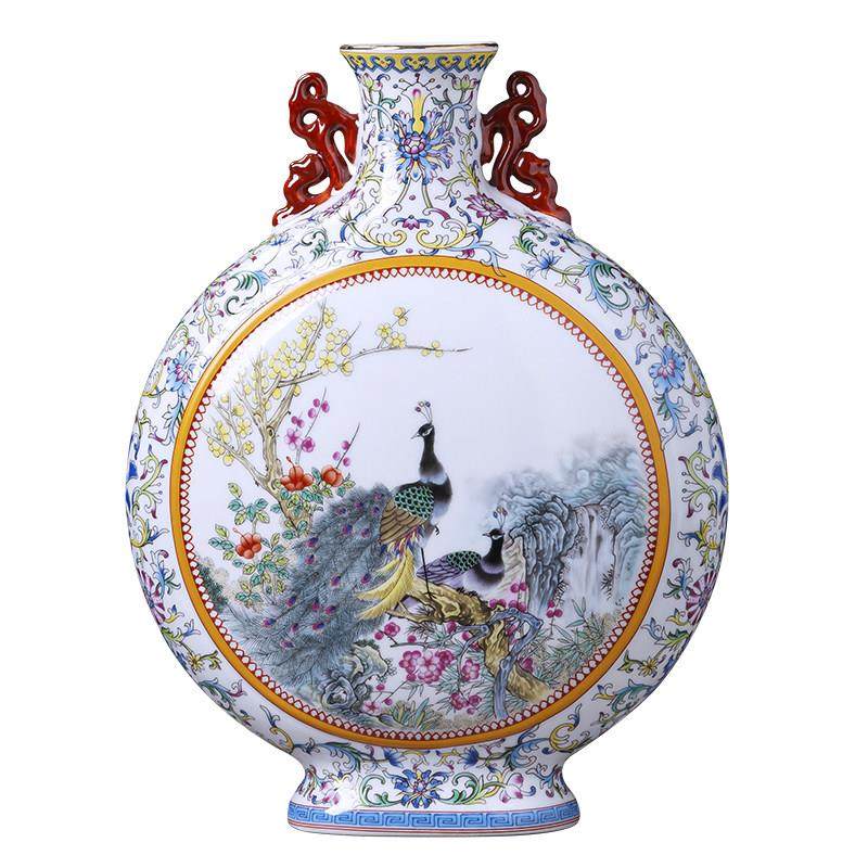 景德陶瓷器粉彩孔装雀双耳花瓶HXjqx抱抱月瓶中式家居镇收饰品摆,家居饰品,花瓶,淘宝优惠券,粉丝福利购,淘宝优惠卷