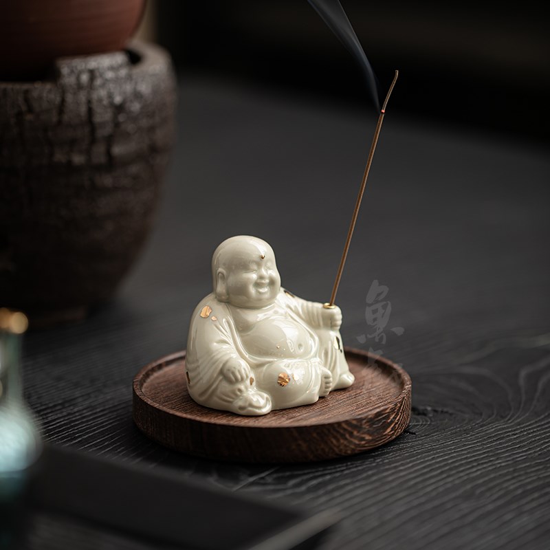 热销鱼戏手工弥勒佛o陶瓷线香插中式禅意家用香熏炉书房茶道香炉