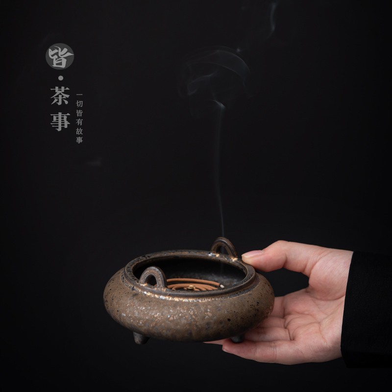 热销鎏金陶瓷香炉禅意复古线香插盘香炉供佛日式熏V香炉点香器香