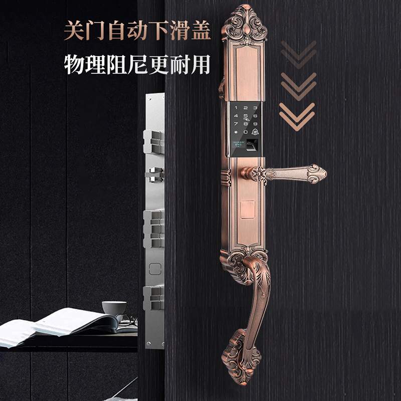 家用指纹锁带把手防盗门密码锁欧式电子锁刷卡乡村别墅双开大门锁