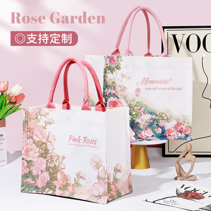 粉玫瑰帆布包女手提袋大容量手提袋子时尚外出帆布袋礼品袋定制包