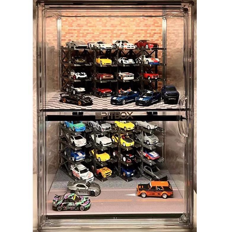 PITBOX 1:64小比例风火轮收纳车模展示箱防尘立体停车场景含灯