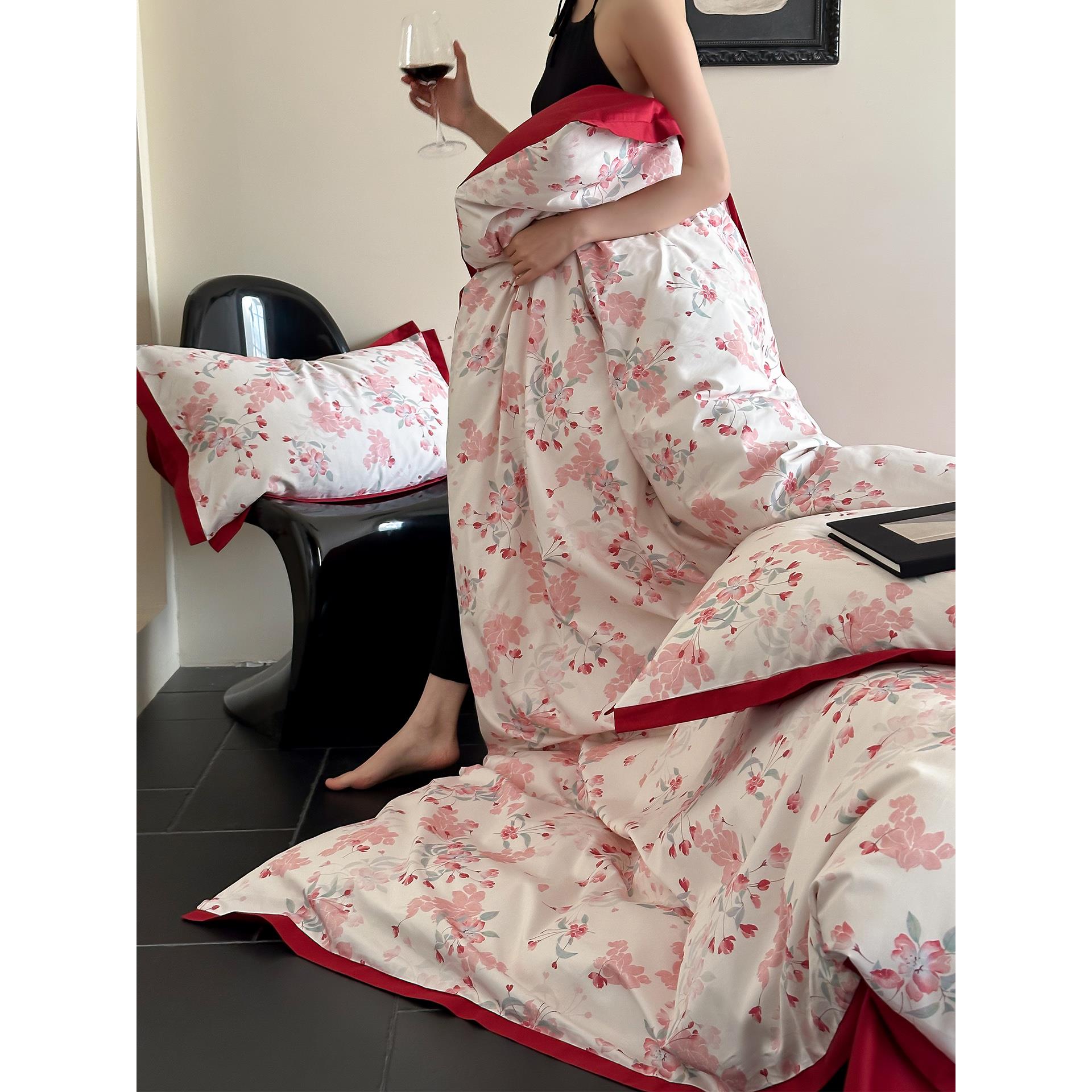 海棠印花棉布婚礼四件套套装1000s长绒棉双面红色婚礼被套床单及