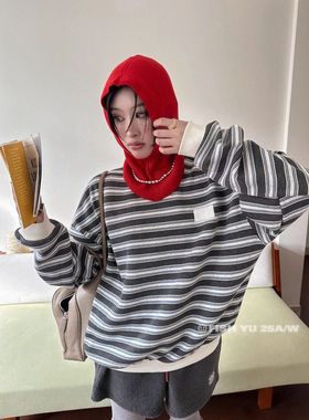 正品十三行【FISHYU】冬季新款韩系立体小标条纹加绒卫衣女25783