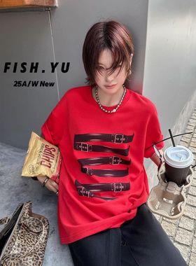 十三行【FISHYU】春季新款韩版复古辣妹皮带印花圆领短袖t恤25615