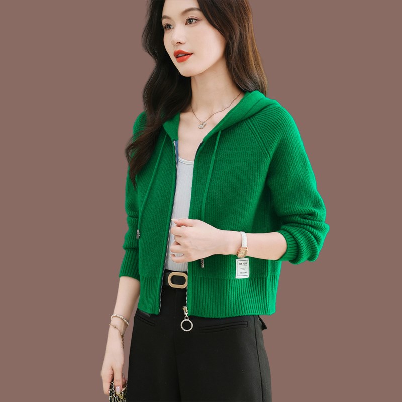 连帽针织开衫女春秋羊毛外搭上衣2023年新款短款带帽衫毛衣小外套