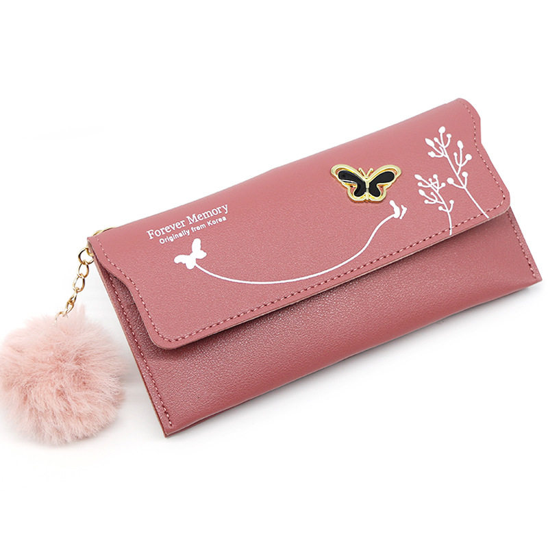 Fashionable New Women Long Wallets Pure Color Wool Ball Bow