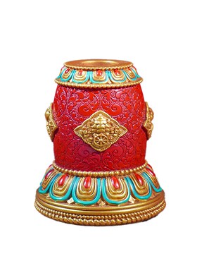 彩绘树脂手绘八吉祥雕花手摇底座家用转轮锡杖转金筒底座家居摆件