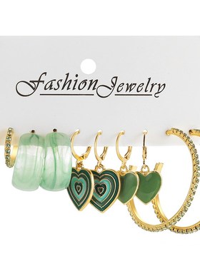 Green Love Pendant Earring Set 5-piece绿色滴油爱心耳环套装