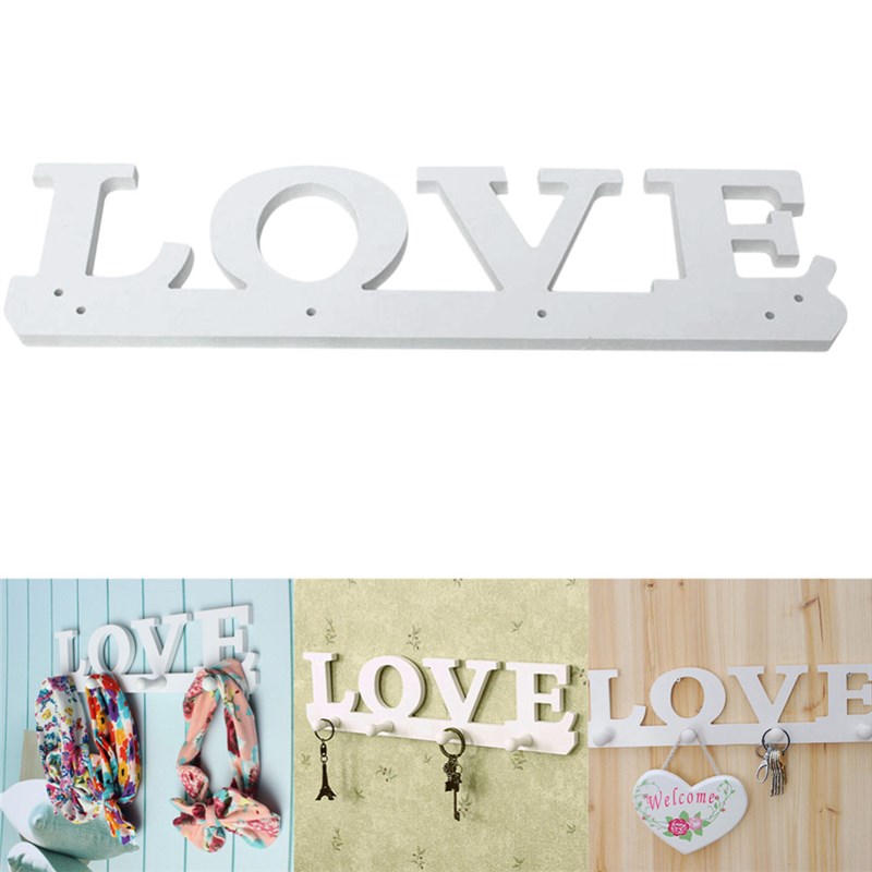 Wooden LOVE Hanger 4 Hooks on the Wall Bathroom Door Hanger