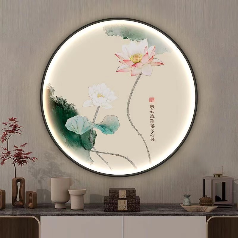 极速新中式花卉圆形灯画玄关书房背景装饰画茶室水墨风景意境荷花