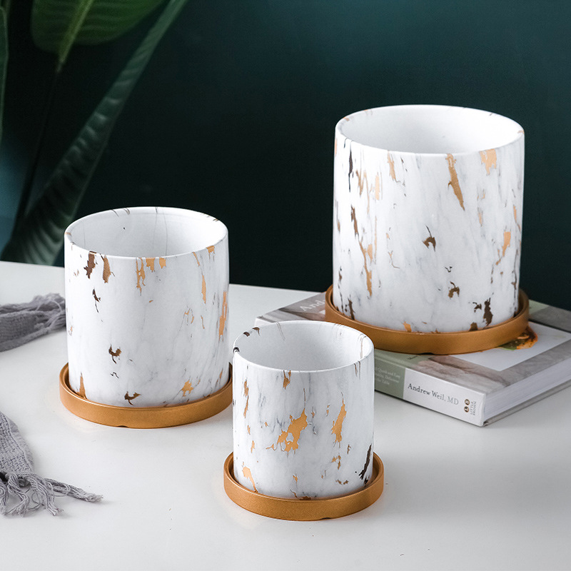 陶瓷花盆北欧风水转印大理石纹圆柱形大号绿植花卉鲜花盆栽带托盘