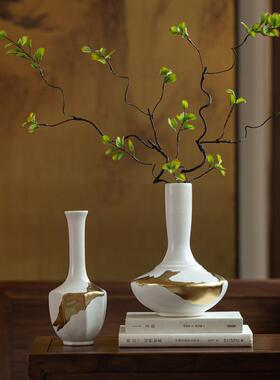 新中式白金陶瓷花瓶客厅茶室中古风鎏金插花器装饰品