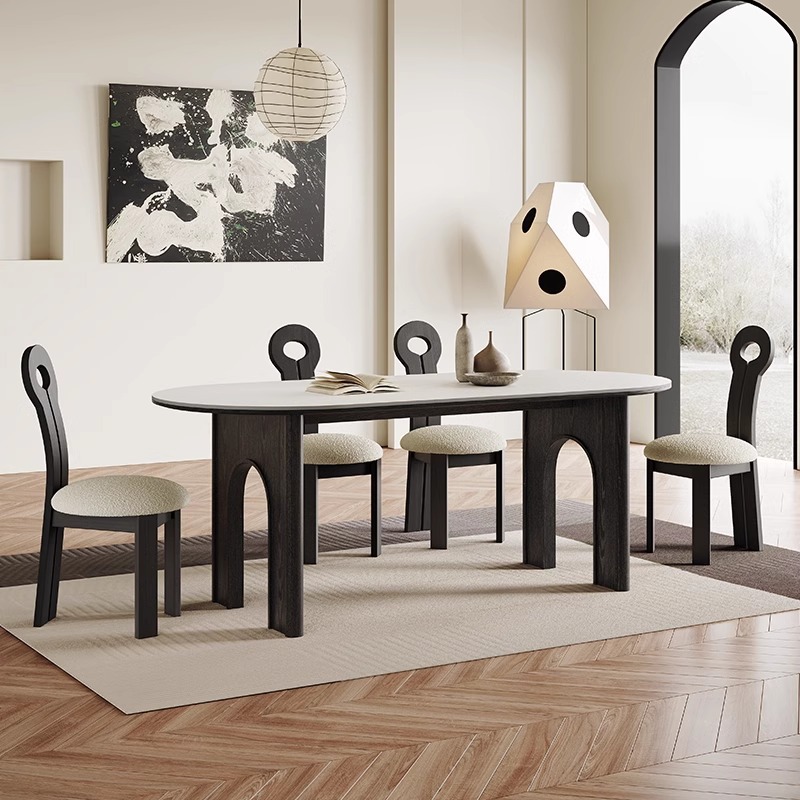 复古实木设计师款餐桌长方形法式中古风饭桌家用轻奢高端岩板餐桌