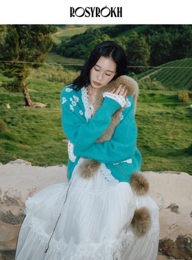 ROSYROKH原创设计25AW小香风针织开衫羊驼毛外套手工蕾丝钩花外套