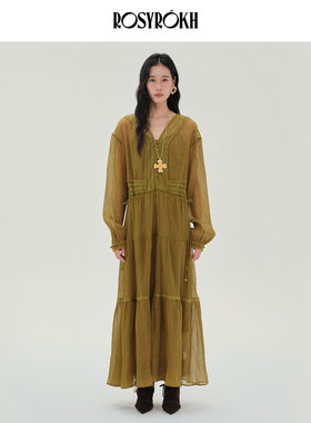 ROSYROKH原创设计2025AW复古长裙V领纽扣两件套长袖收腰连衣裙女