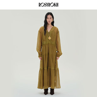 ROSYROKH原创设计2025AW复古长裙V领纽扣两件套长袖 收腰连衣裙女