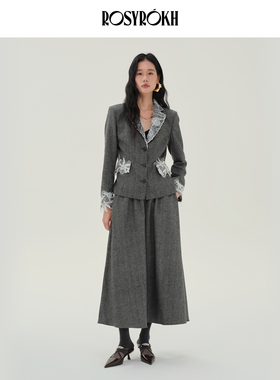 ROSYROKH原创设计2025AW蕾丝拼贴格雷系羊毛呢子西装外套女呢大衣