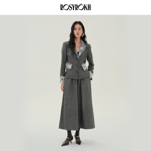 ROSYROKH原创设计2025AW蕾丝拼贴格雷系羊毛呢子西装 外套女呢大衣