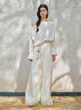 ROSYROKH设计感时尚气质一字领镂空蕾丝花多穿长袖T恤罩衫上衣女