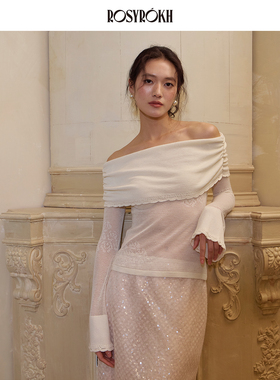 ROSYROKH 轻薄舒爽法式手工钩花一字肩上衣毛针织衫气质通勤