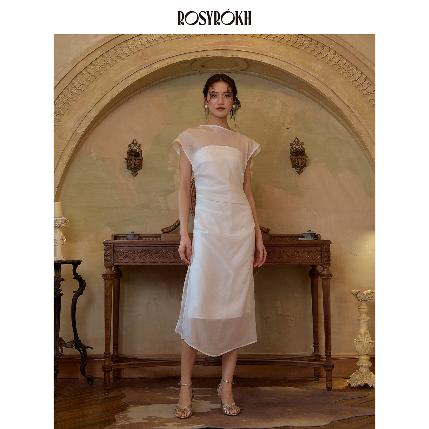 ROSYROKH 晨光筑影醋酸叠纱连衣裙女修身显瘦名媛礼服宴会长裙
