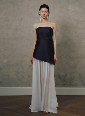 ROSYROKH法式小香风抹胸轻礼服裙撞色拼接缎面醋酸漂亮连衣长裙子