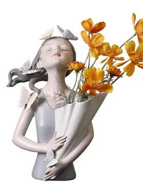 欧式蝴蝶女孩面插花家花瓶桌树脂居工艺品摆件RRW2013花艺装饰品