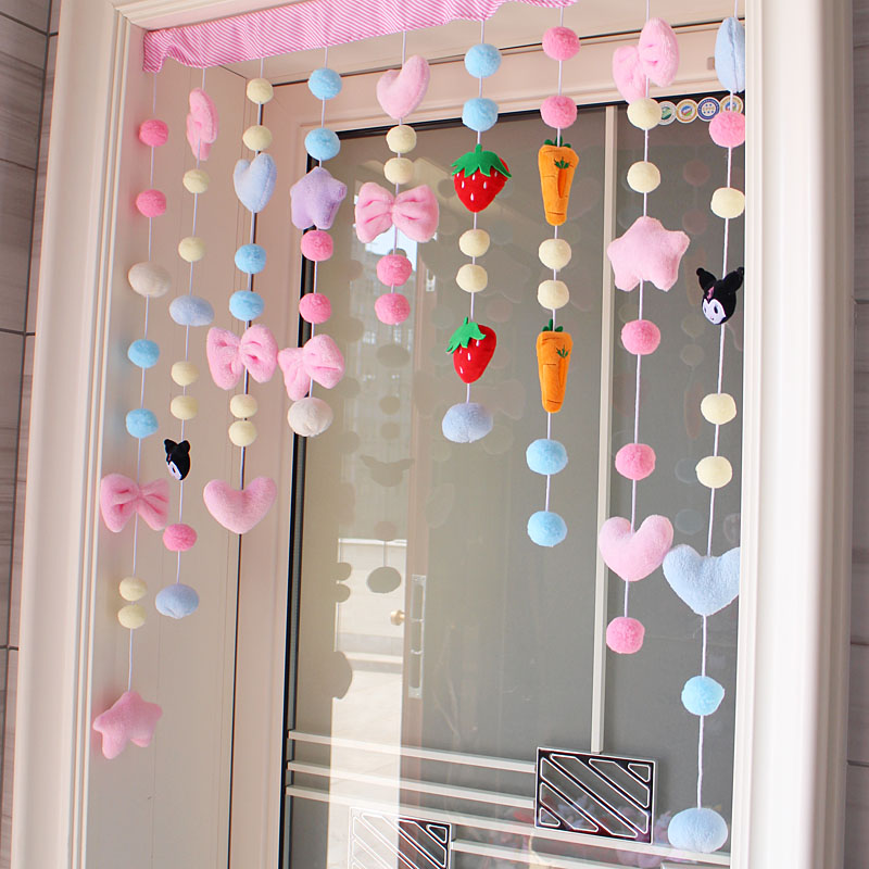 甜美草莓祥球卧室免打孔自粘贴隔断房间装饰门挂帘家用珠帘少女心