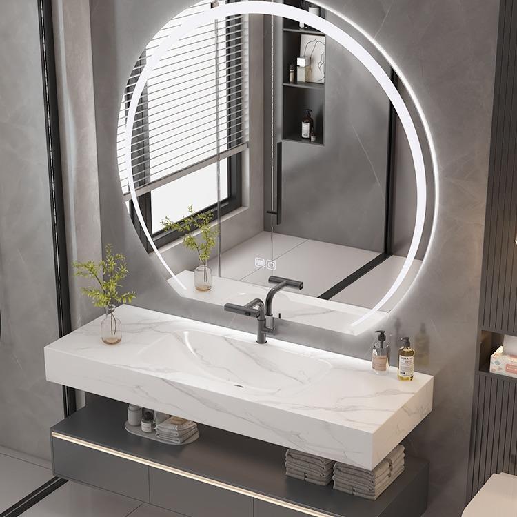 爆款卫生间轻奢风浴室柜组合岩板陶瓷热弯一体洗手脸台盆厕所洗漱