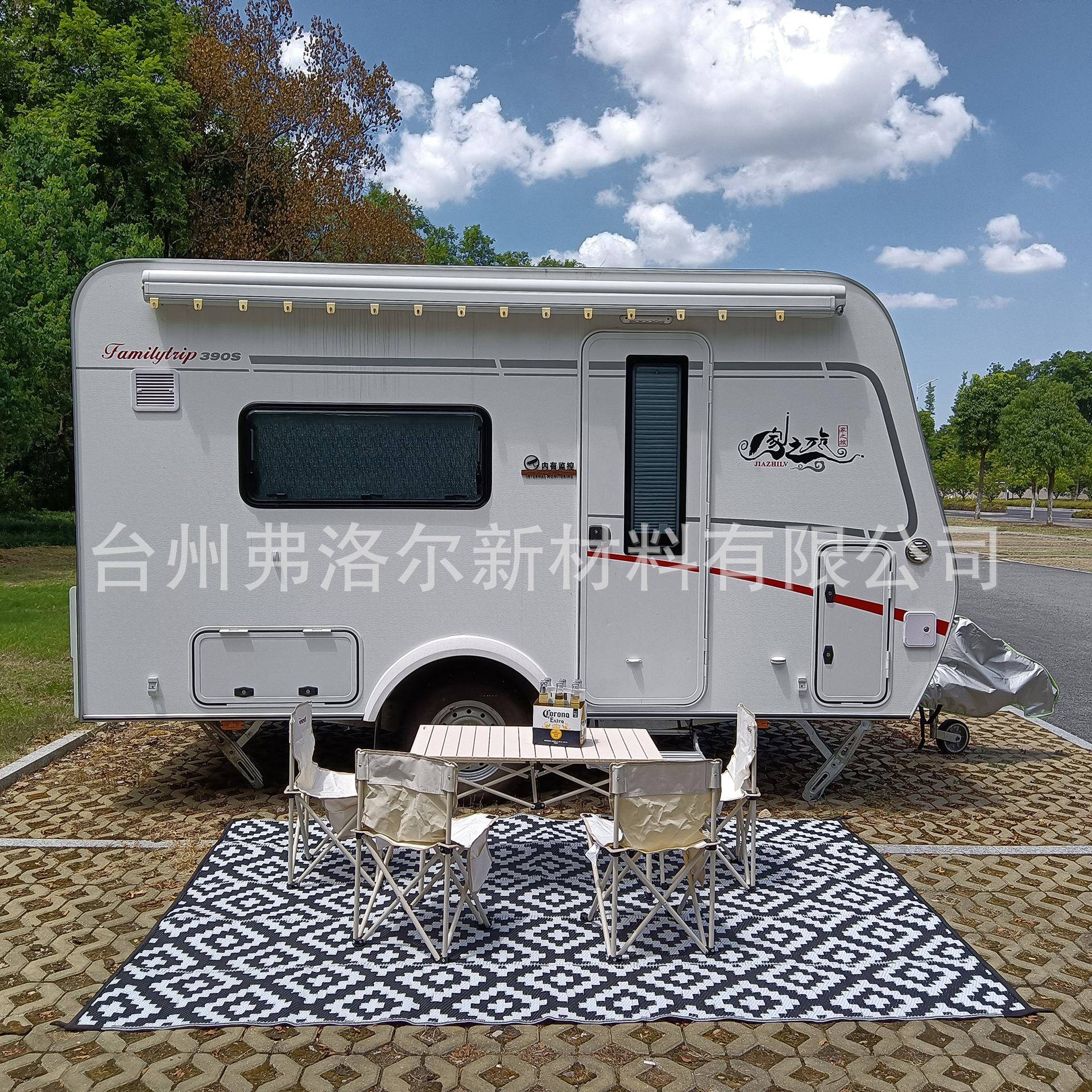 现货6x9FT黑白十字加号PP编织野餐垫户外休闲庭院垫可折叠